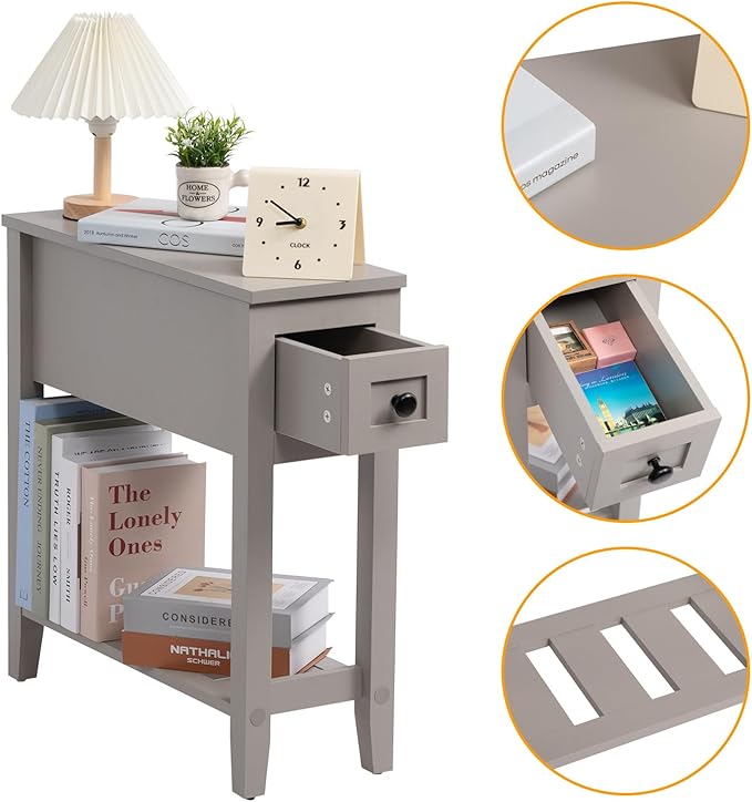 Gery 2 Pack Chairside Narrow End Table with Drawer, Solid Recliner Side Table...