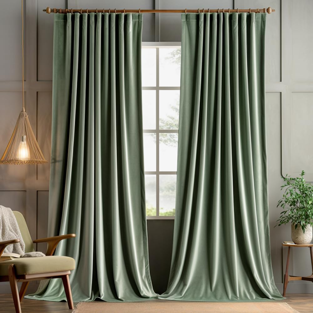 MIULEE Sage Green Velvet Pinch Pleat Blackout Curtains W52 X L96 Inches