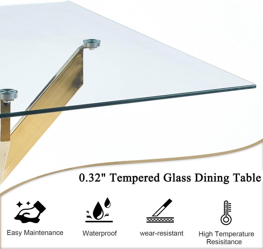 Square Dining Table for 4, 36 Inch Glass Kitchen Table with Gold X Metal Legs...