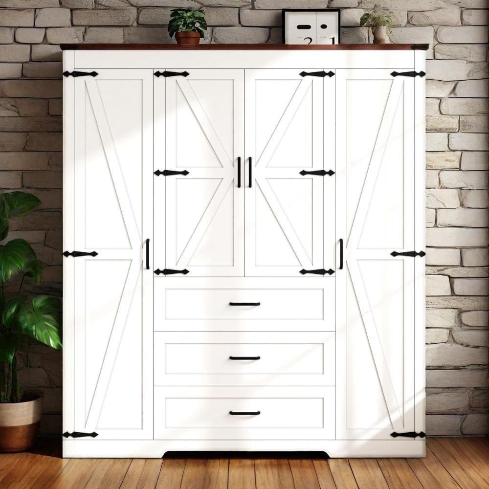 70" Tall Armoire Wardrobe Closet with 4 Doors & 3 Drawers, Farmhouse...
