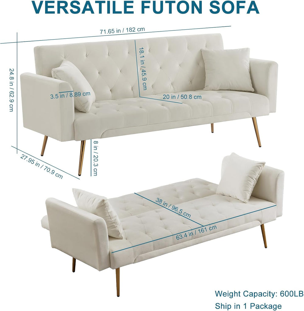71.65'' Convertible Sofa Bed Modern Futon Set, Velvet Foldable Reclin...