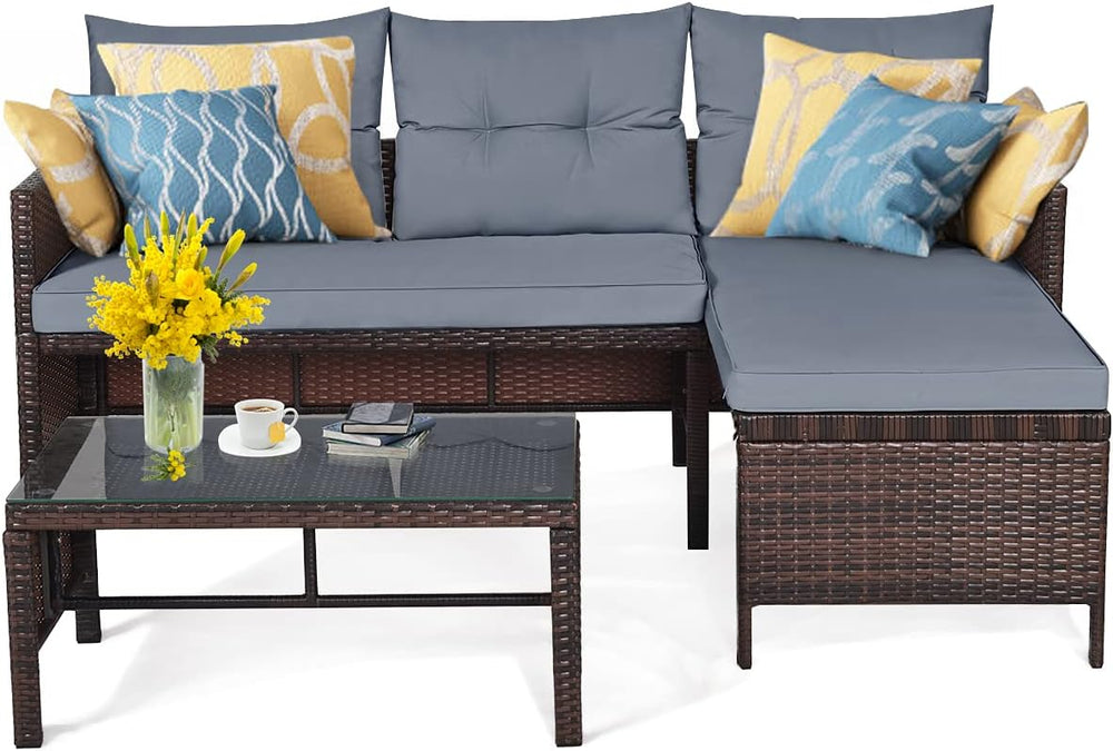 HAPPYGRILL 3 PCS Patio Conversation Set Sectional Rattan Wicker Sofa Set with...