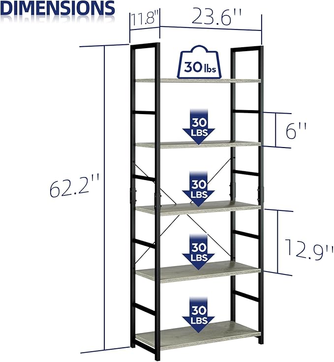 NUMENN 5 Tier Bookshelf, Tall Bookcase Shelf Storage Organizer, Modern Book S...