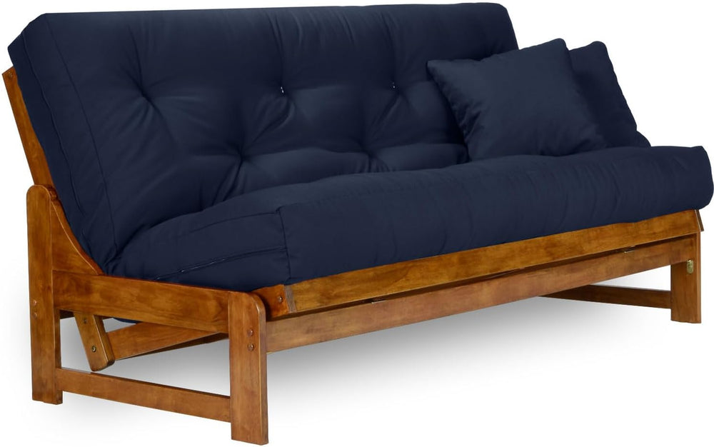 Arden Futon Set - Queen Size, Frame, 8" Mattress, Twill Navy Blue Cover