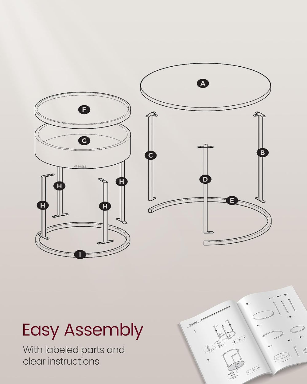 VASAGLE Round Coffee Tables, Set of 2 Nesting Tables, Hidden Storage