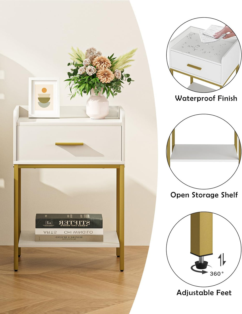Nightstand,3-Tier Modern Night Stand,Bedside Table with Storage Drawer and Sh...
