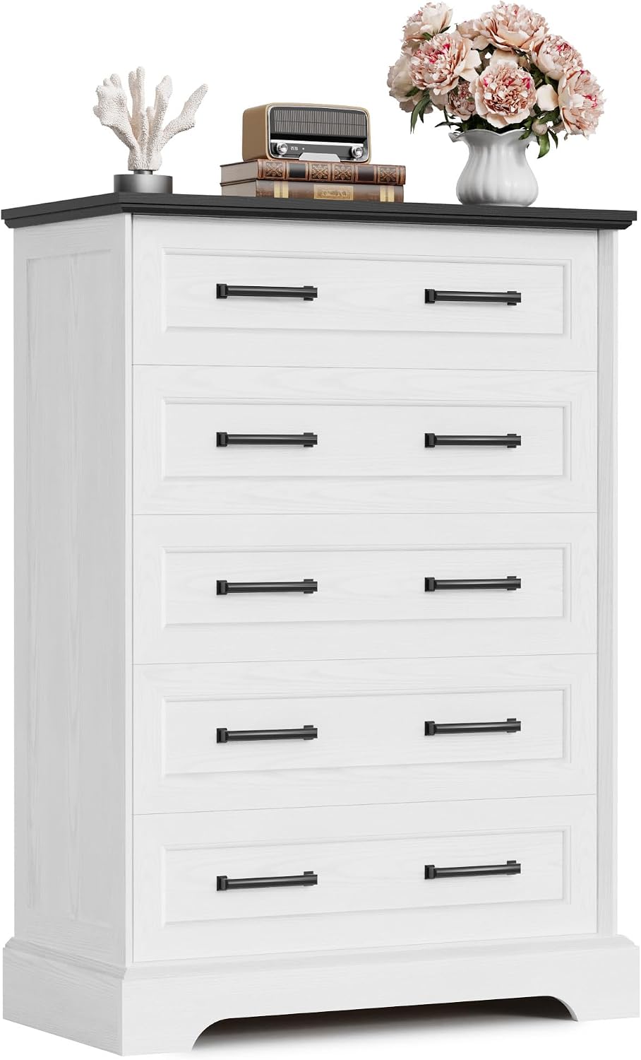 Furmax Farmhouse Dresser for Bedroom, 5 Drawers Dresser, White & Black