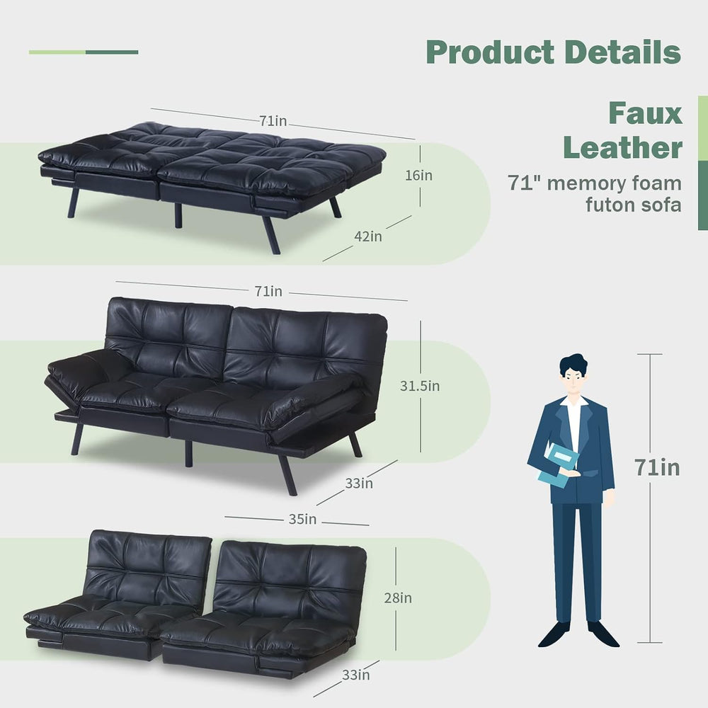 Hcore Convertible Futon Sofa Bed,Black Leather Memory Foam Loveseat Futons So...