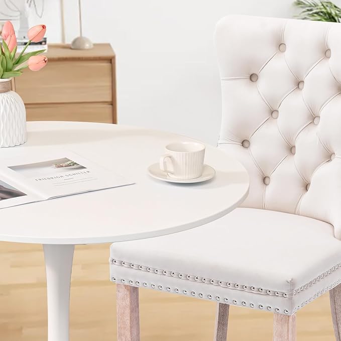 3-Piece Round Dining Table Set for 2,31.5" White Table & 2 Beige Vel...