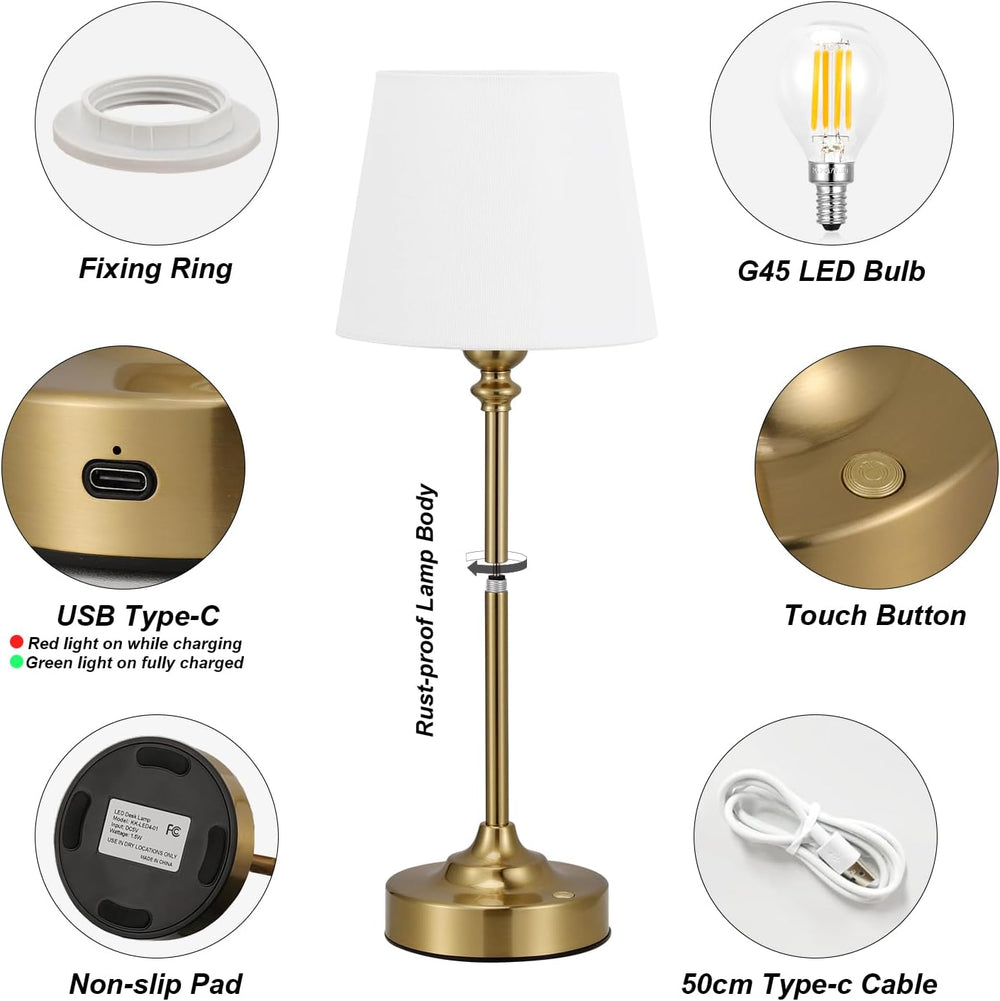 Kakanuo Cordless Table Lamps Rechargeable Set - 2 Pack Gold 4000mAH Battery O...