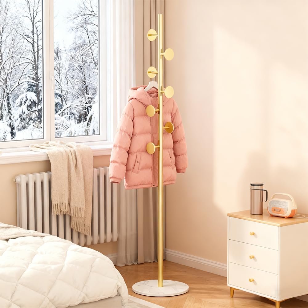 Coat Rack Freestanding with Marble Rock Slab Base, Heavy Duty Sturdy Stable M...