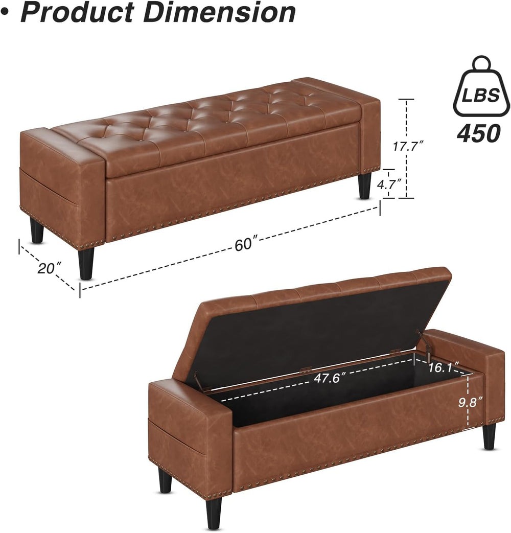 60" Storage Ottoman Bench, Faux Leather Upholstered Bed Bench, Brown | B...