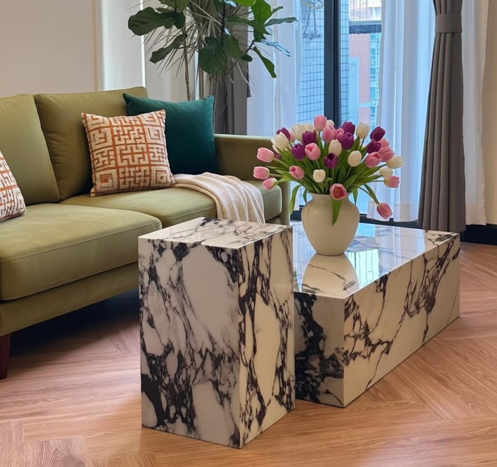 Natural Calacatta Viola Marble Side Table, 11.8" Square End Table for Li...