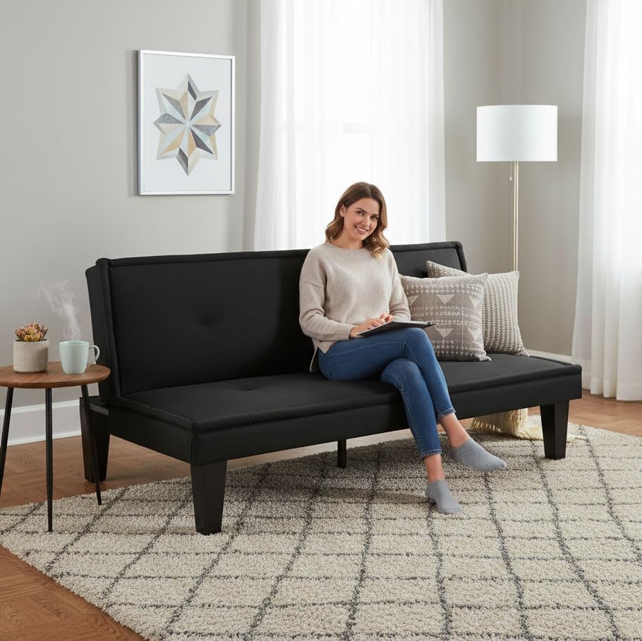 Convertible Futon Sofa Bed, Small Futon Couch with 5-Position Adjustable Back...