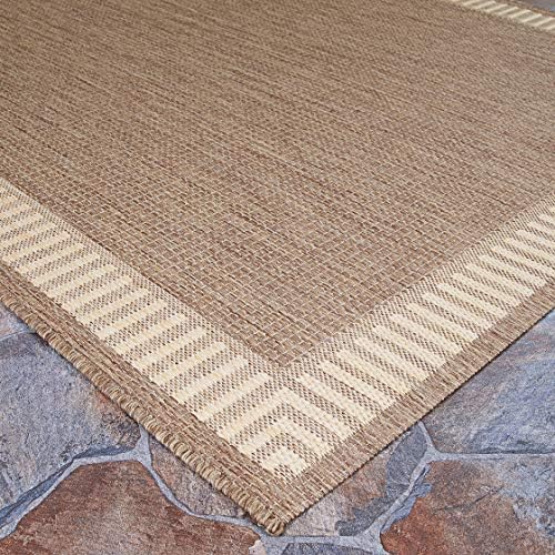 Couristan Recife Striped Border Washable Round Outdoor Rug, Tan, 7.5 Ft