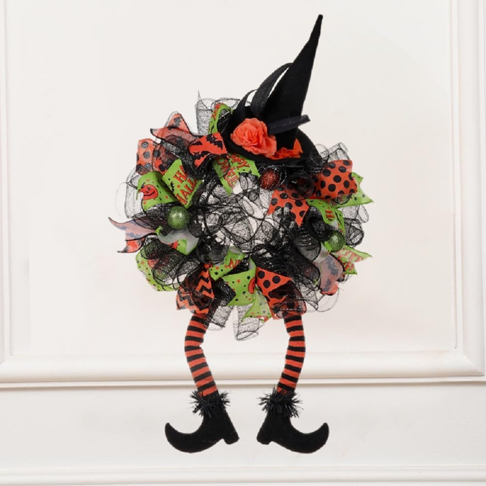 Halloween Witch Mesh Hat Legs Wreath, Front Door Decoration