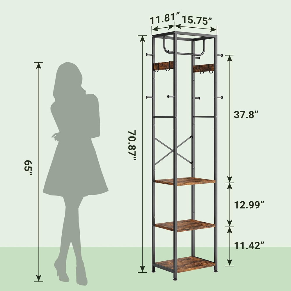 ELYKEN Coat Rack Freestanding, Hall Tree with 3 Storage Shelves and 12 Hooks,...
