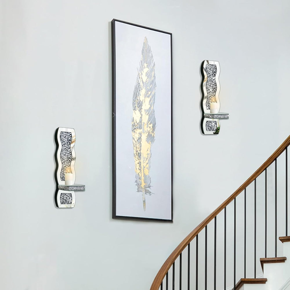 Crystal Crush Diamond Candle Holder Set of 2, Wavy Silver Mirrored Wall Candl...