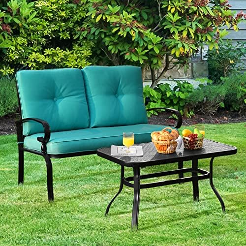 Giantex Patio Loveseat with Coffee Table Outdoor Bench with Cushion and Metal...