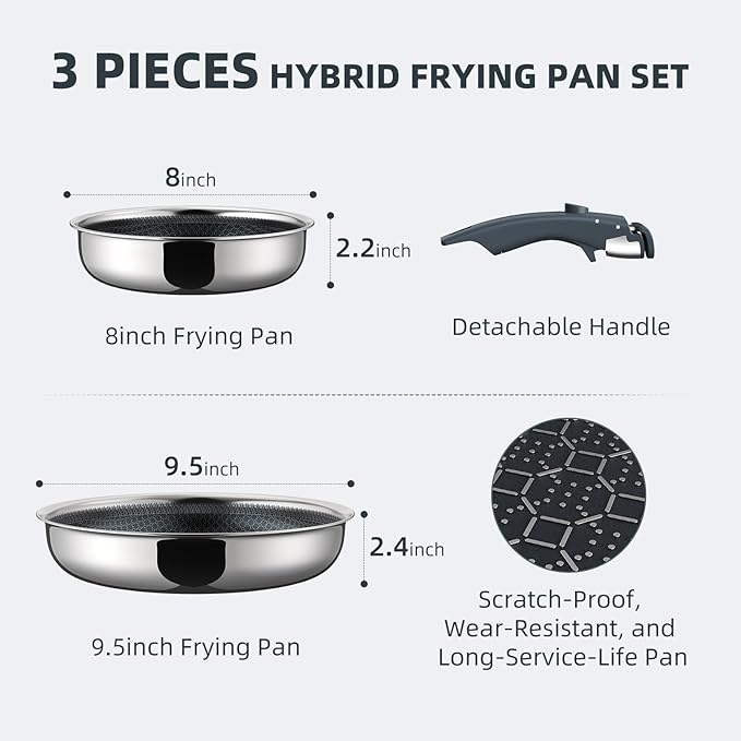Ciwete Hybrid Non Stick Frying Pans Set 3-Piece, 8 & 9.5 Inch Tri-Ply Sta...