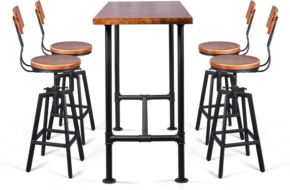 5 Pieces Industrial Dining Table Set Rustic Rectangular High Pub Table with C...