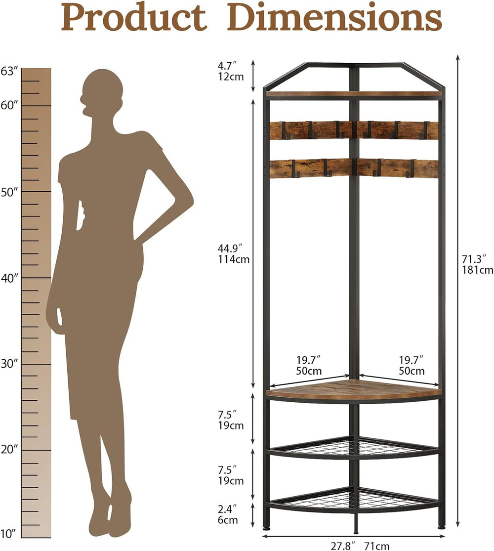 GiftGo Corner Hall Tree with Shoe Bench Entryway Coat Rack with 10 Metal Mova...