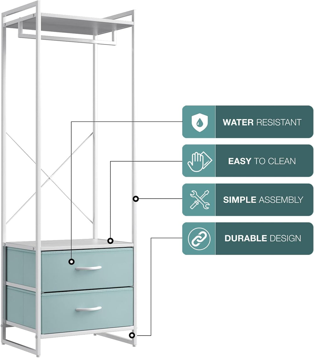 Sorbus Tall Clothing Rack with Drawers, Wood Top (Aqua)