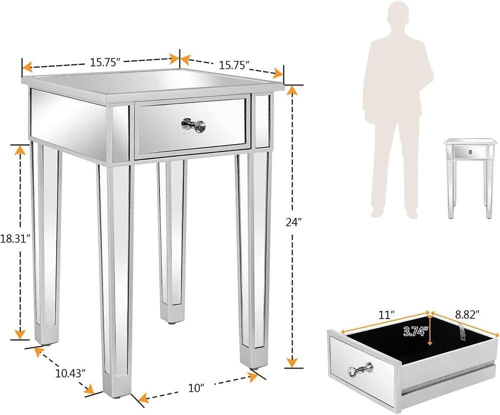 VINGLI Mirrored End Table with Drawer Silver Modern Nightstand/Bedside/Accent...