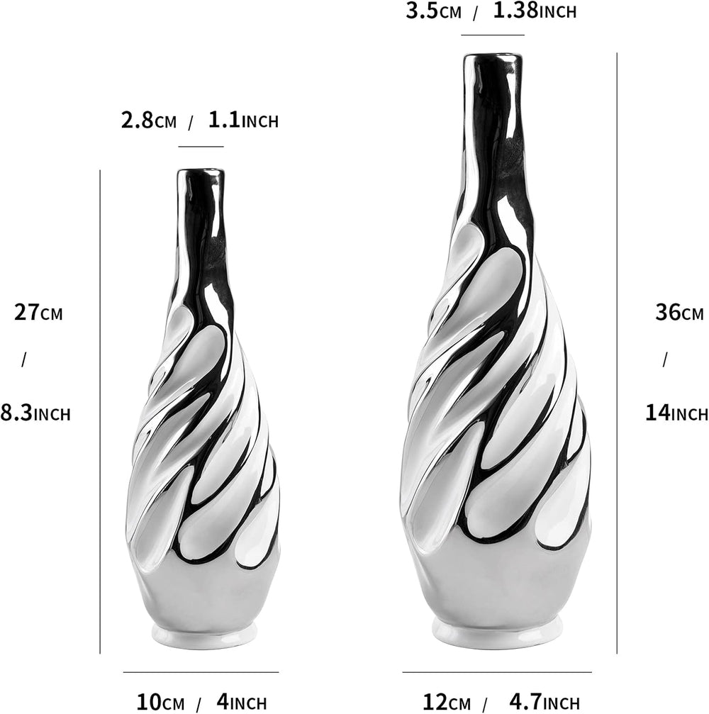 Yundu Ceramic Vase Set of 2, White with Silver, Modern Home Décor, Living Roo...