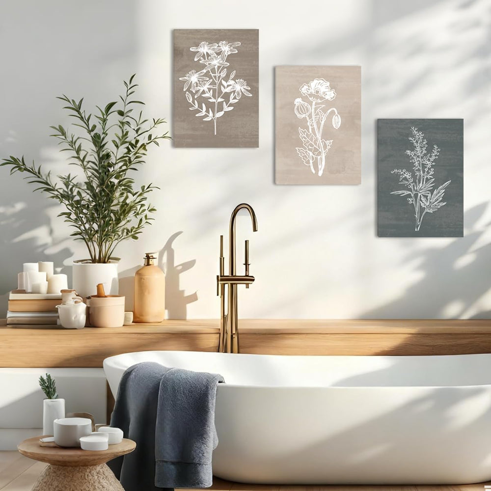 BINCUE Neutral Botanical Canvas Wall Art Simple Plant Wall Decor Rustic Flowe...
