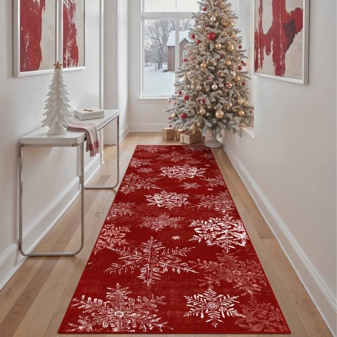Xmas Snowflake Runner Rug 3x8 Red Washable Non Slip for Hallway | Soft,Low Pi...