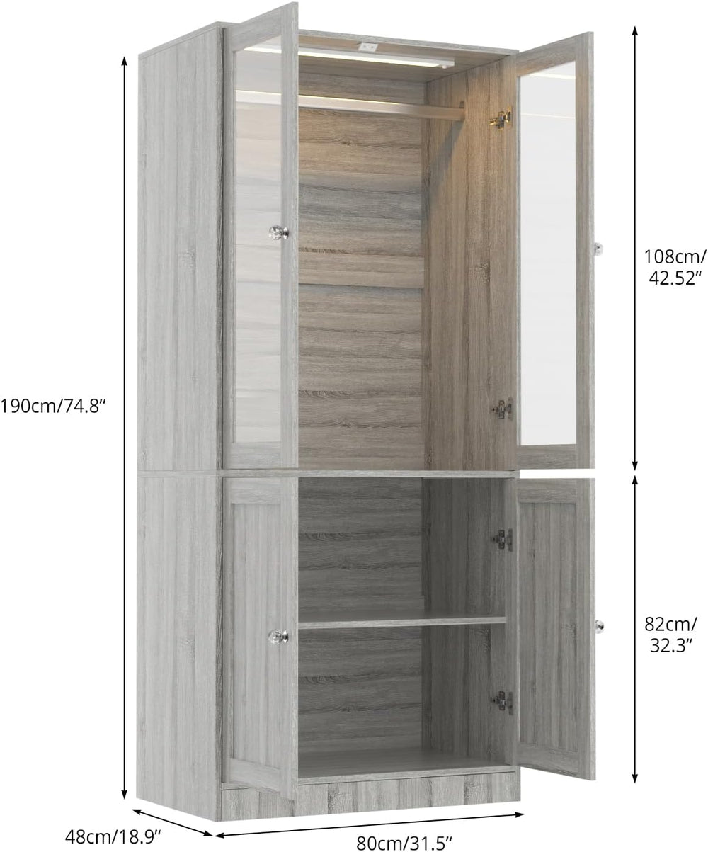 VOWNER 75" Tall Armoire Wardrobe Closet with 2 Glass Doors