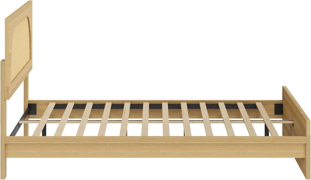 KISLOT Boho Rattan Bed Frame, Farmhouse Platform, Natural, Queen