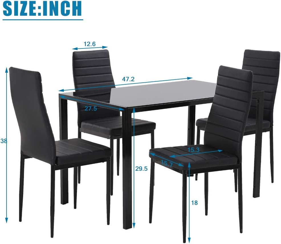 FDW | 5-Piece Dining Table Set | Black | Glass Kitchen Table with 4 Upholster...