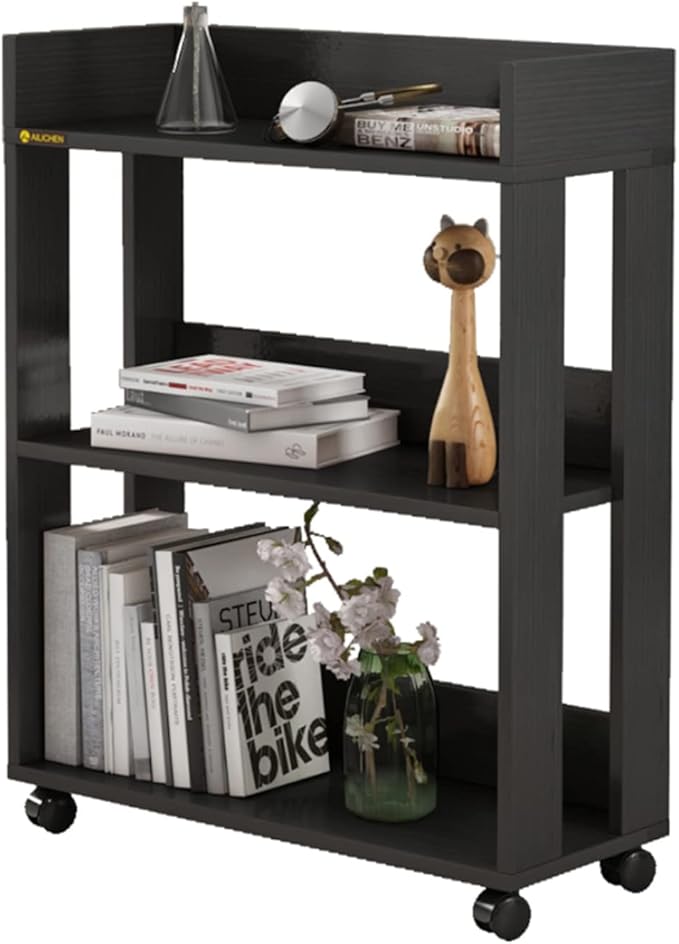 ALISENED Small Bookshelf and Bookcase, 3 Tier Wood Nightstand with Wheels, Mo...