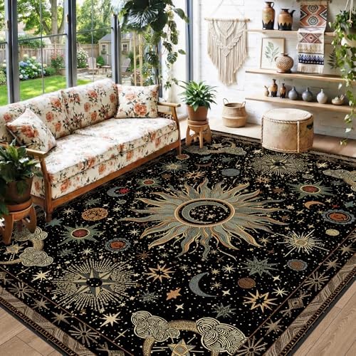 Vacuum-Friendly, 5x7 Washable Area Rug, Black Green Blue