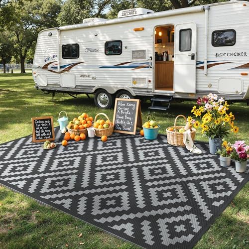GENIMO Outdoor Rug, Waterproof Plastic Rugs for Patio, 6'x9' Black Grey