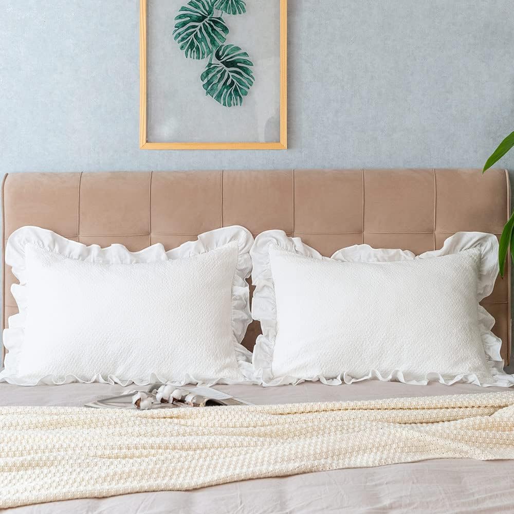 Pillow Shams Set of 2 Pure Cotton Champray Ruffled Edge,Thick and Solid Washe...