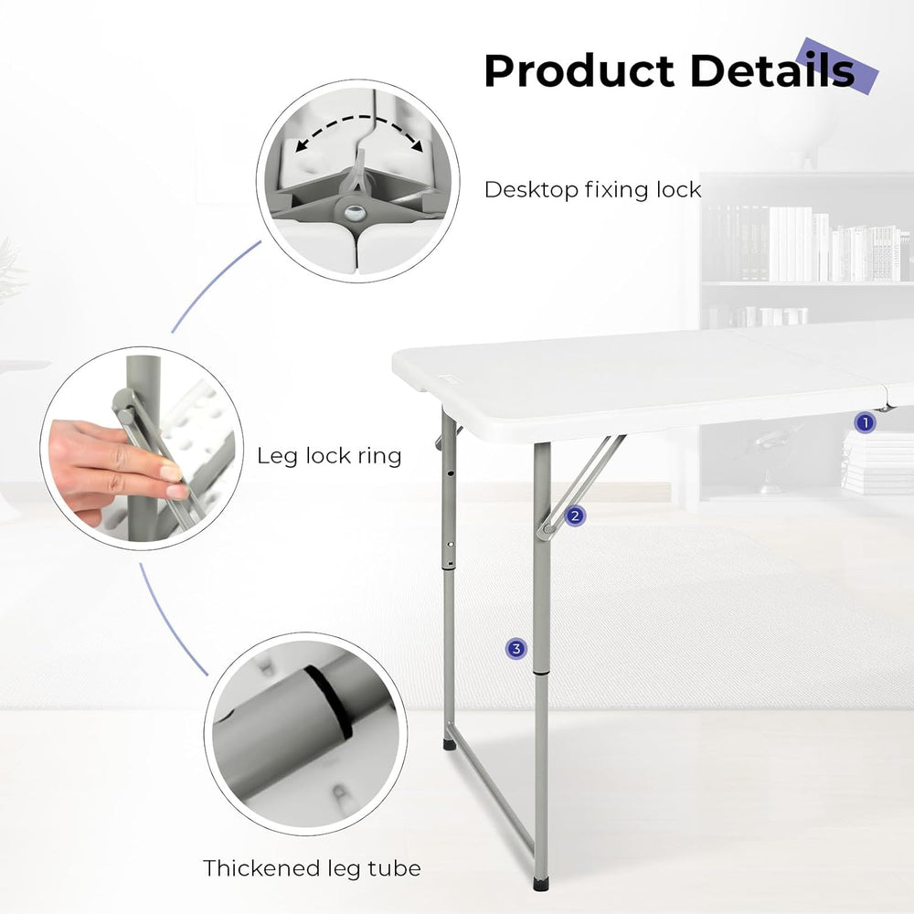 Byliable Folding Table 4 Foot Portable Heavy Duty Plastic Fold-in-Half Utilit...