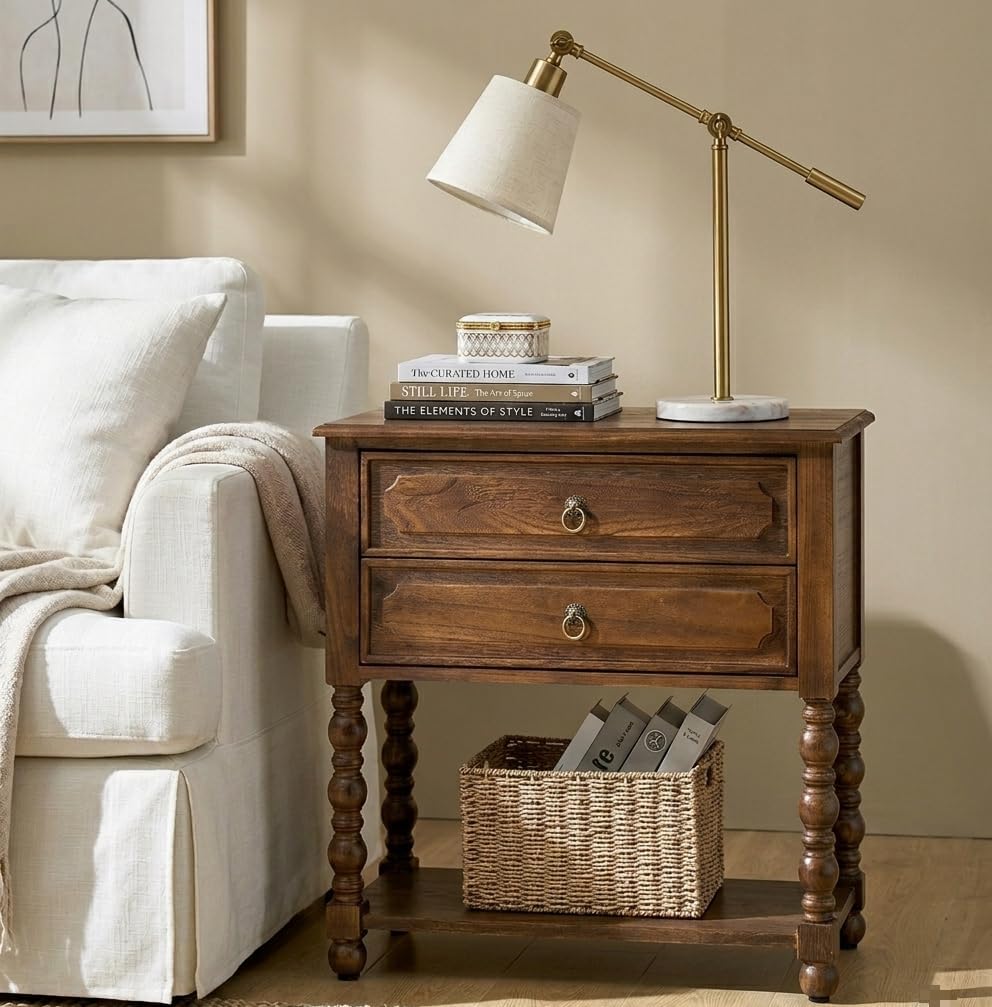 HULALA HOME Farmhouse Storage End Table Set of 2 with 2 Drawers and Open Shel...