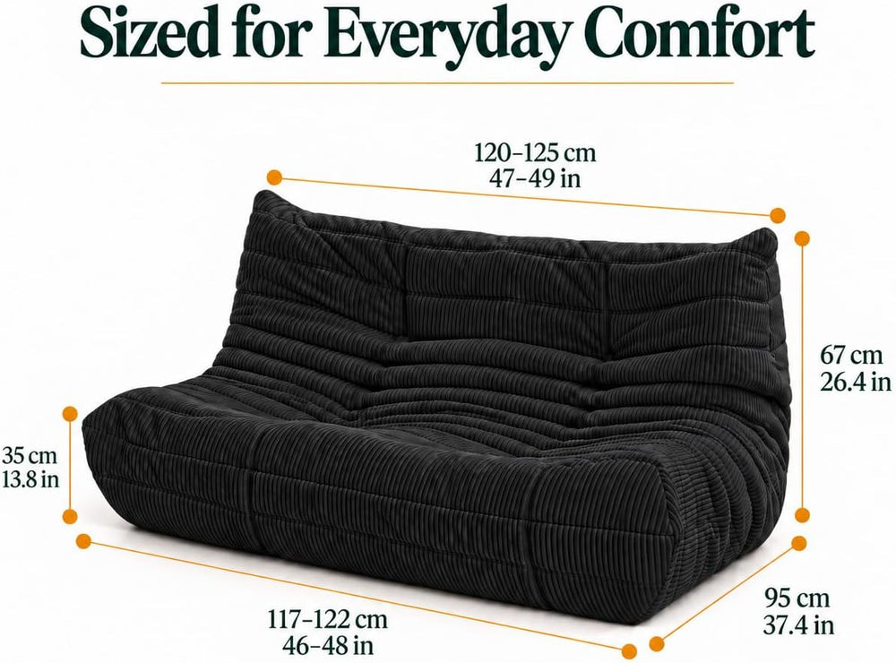 N&V Fireside Loveseat, Corduroy Armless Floor Sofa, 2-Seater, Black