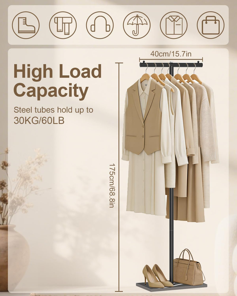 T-shaped Coat Rack Freestanding, Modern Clothes Rack with Rock Slab Base, Hea...