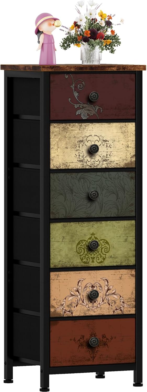 VASICAR Tall Dresser with 6 Large Drawers, Small Fabric Dresser Nightstand