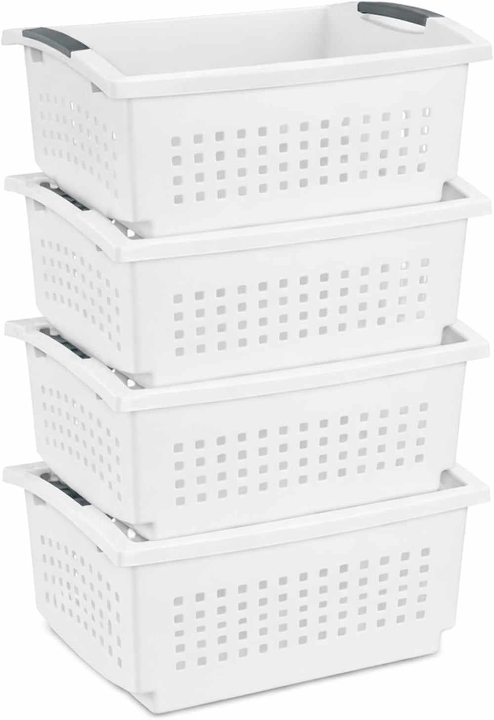 Sterilite Large Stacking Basket Plastic Storage Organizer, White, 4-Pack