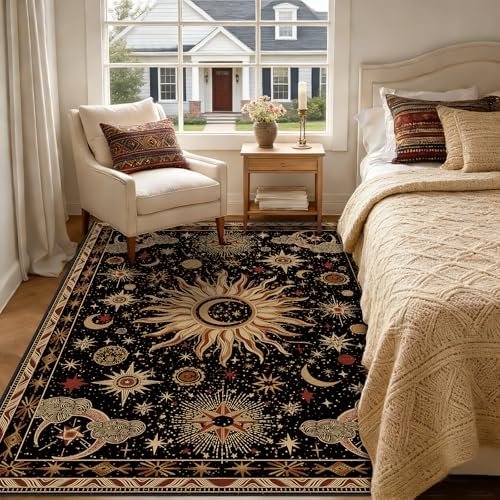 Vacuum-Friendly, 5x7 Washable Area Rug, Black Gold Beige Red