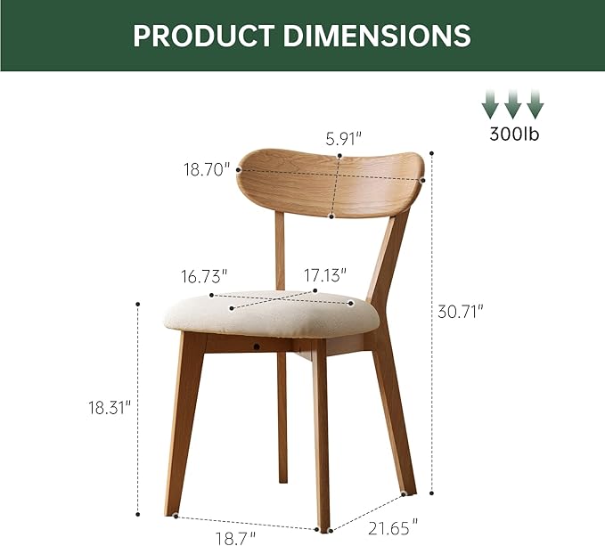 100% Solid Oak Dining Chairs, Mid Century Modern Dining Chair with Curved Bac...