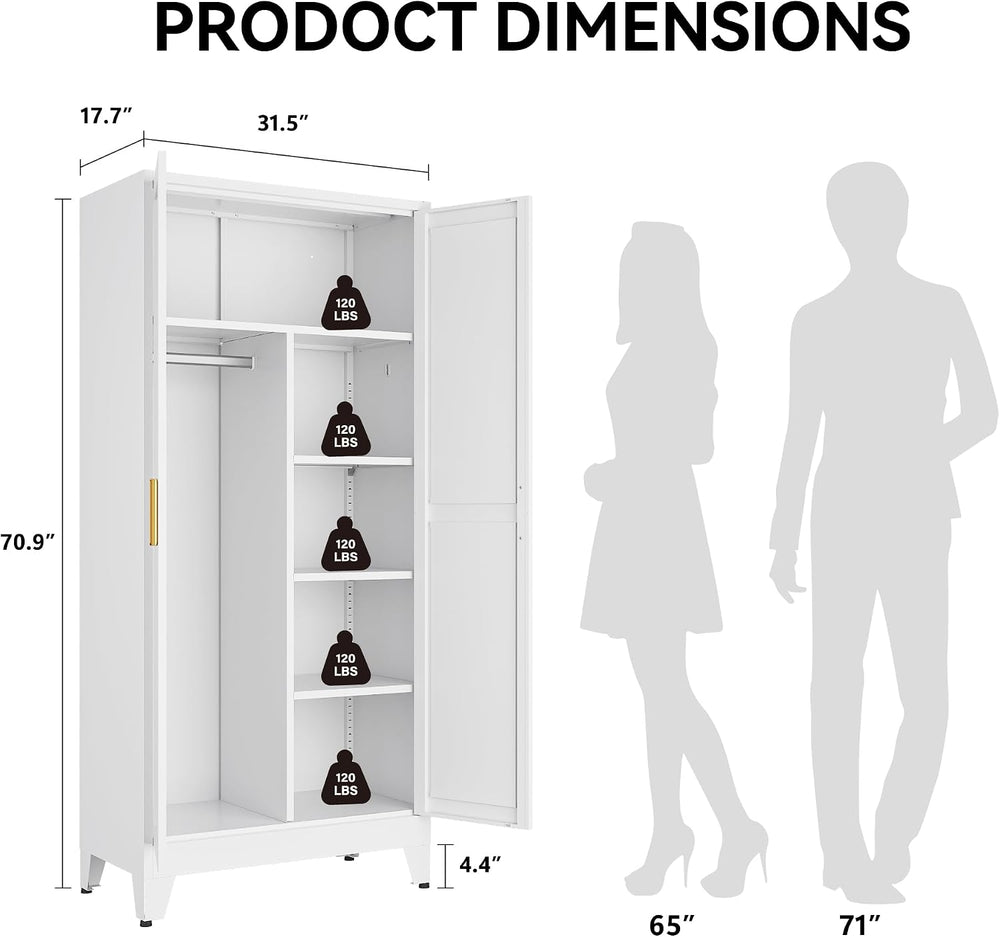 COFaR 71" Metal Wardrobe Closet with Adjustable Shelves & Hanging Ro...