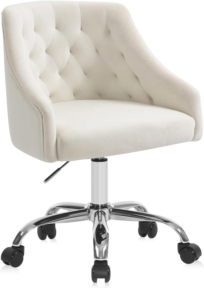 Home Office Chair, Velvet Swivel Adjustable Accent Vanity Chair with Arms Nailhead Trim for Bedroom, for to Living Room, Studying, Office (Ivory White)