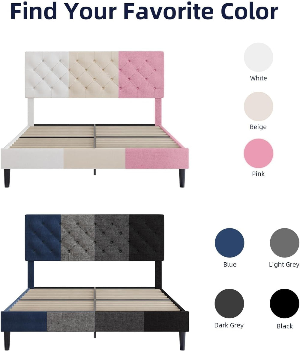 Full Size Platform Bed Frame with Button Tufted Headboard,Black