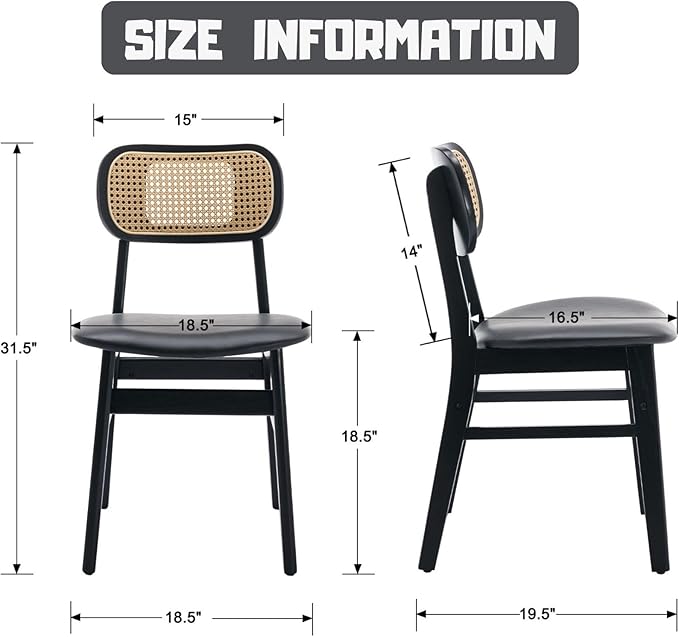 Black Dining Chairs Set of 4 Faux Leather Dining Room Chairs with Rattan Back...